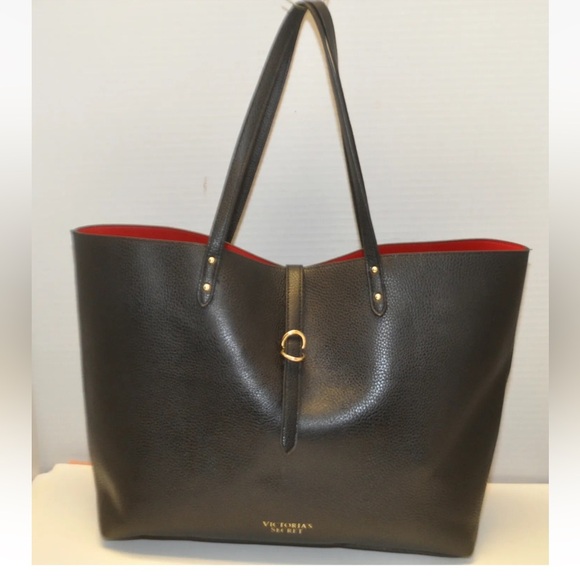 VICTORIA’S SECRET VS Tote Bag Black Faux Pebbled Leather Red Interior Large - Picture 1 of 5